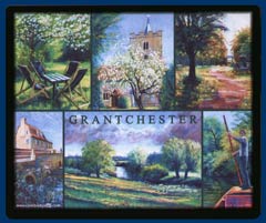 Mouse mat of Grantchester, Cambridgeshire. Featuring the Orchard, Grantchester Church, the Millpond, Grantchester Meadows and punting on the Cam.