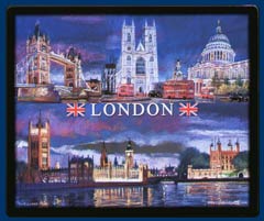 mouse mat of London at night - Tower Bridge, Westminster Abbey, St Pauls Cathedral, Tower of London and Palace of Westminster