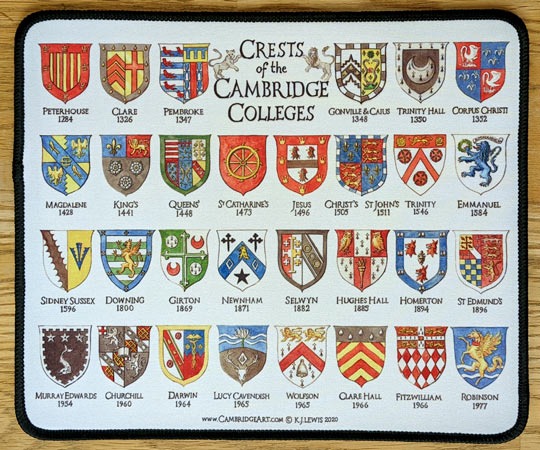 Mouse mat of Cambridge College Crests