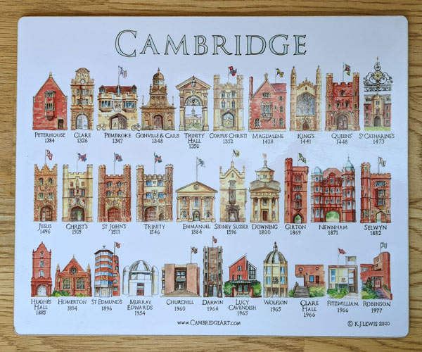 place mat of the Cambridge colleges