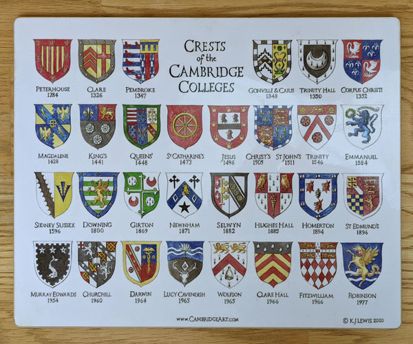 place mat of the Cambridge college crests